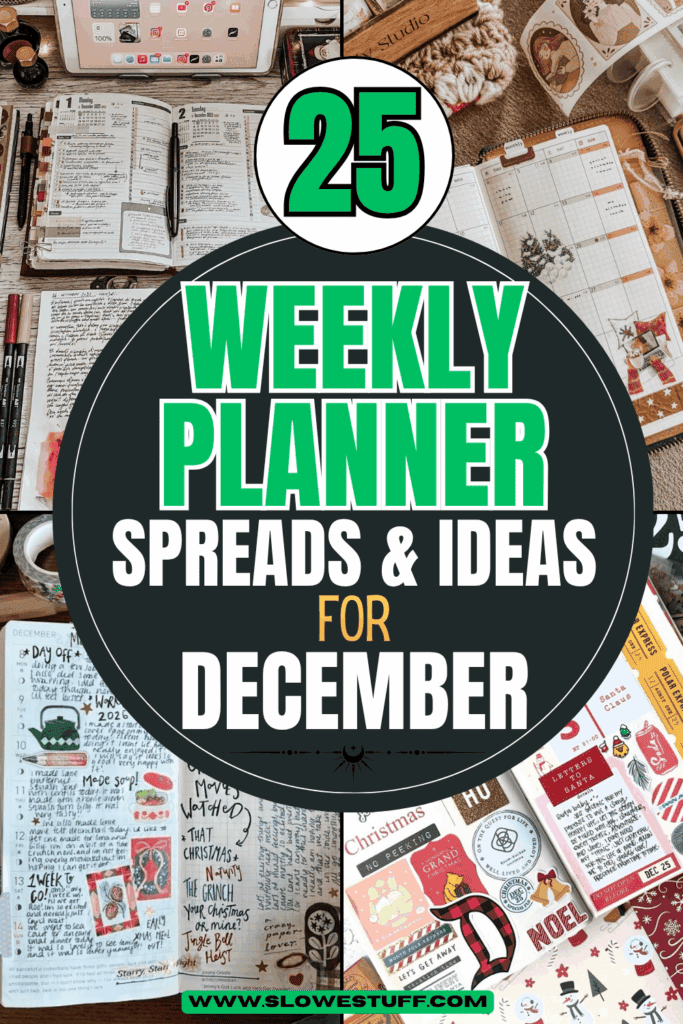 Collage of 25 December weekly planner spreads featuring cozy Christmas themes, bullet journal layouts, and festive planning inspiration.