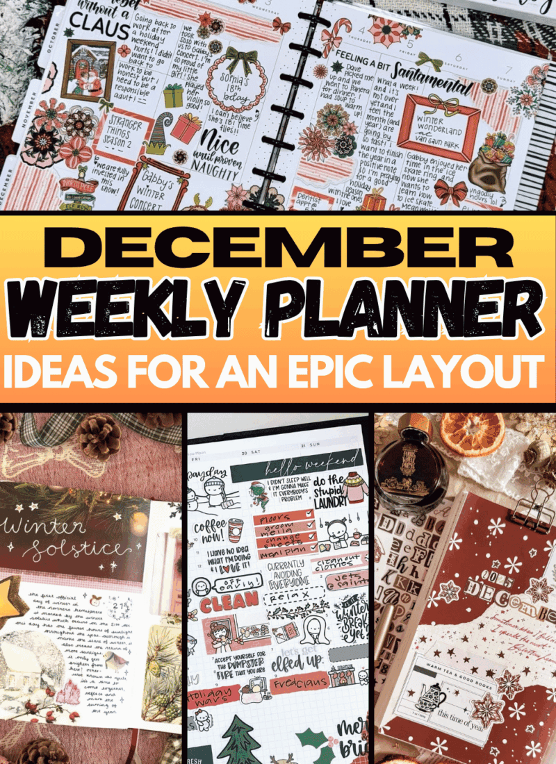 December weekly planner ideas featuring Christmas planner spreads, festive bullet journal layouts, and cozy winter planning inspiration.