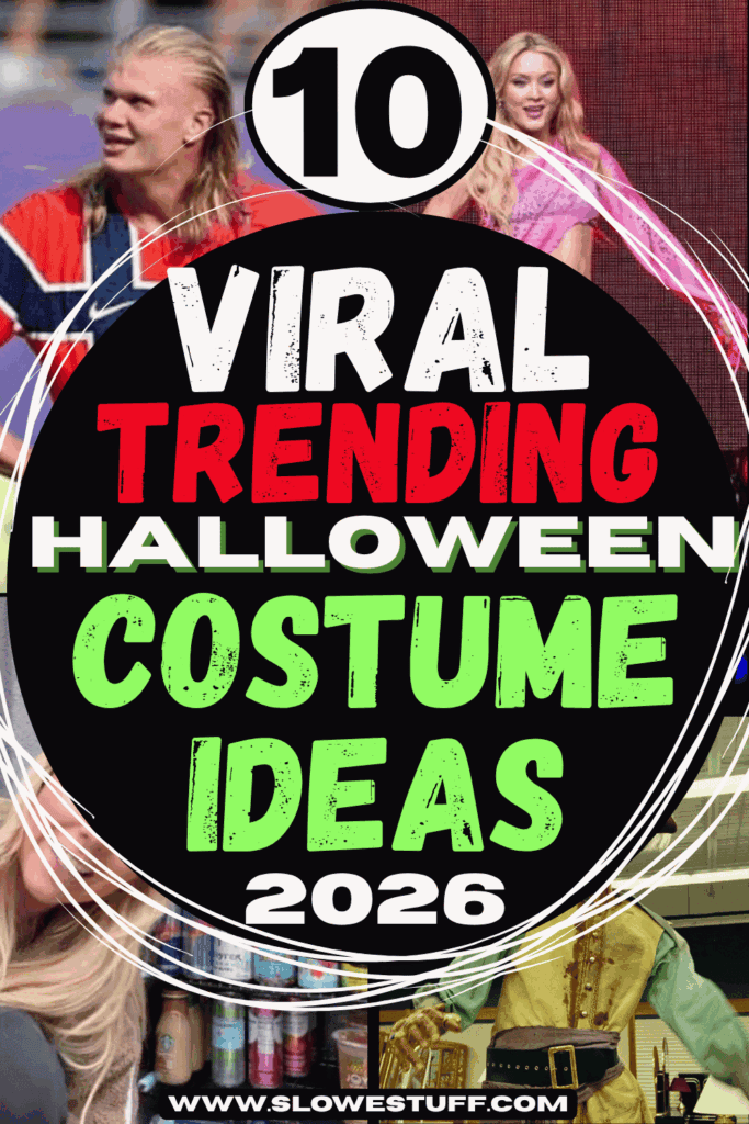 Pinterest graphic featuring 10 viral trending Halloween costume ideas for 2026 inspired by Erling Haaland, Zara Larsson, Serena Neel, and other viral pop culture moments.