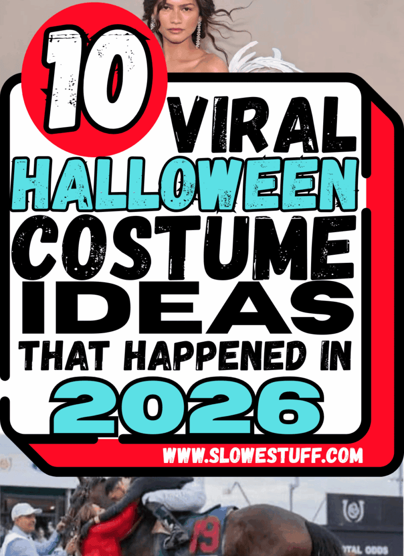 Pinterest graphic showcasing 10 viral Halloween costume ideas from 2026 featuring Zendaya, the Kentucky Derby, and the Coldplay kiss cam viral moment.