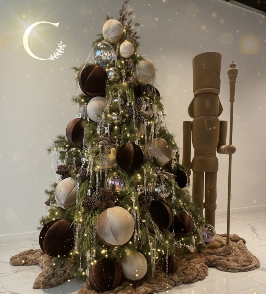 Elegant Christmas tree styled with brown ornaments and warm neutral holiday decorations