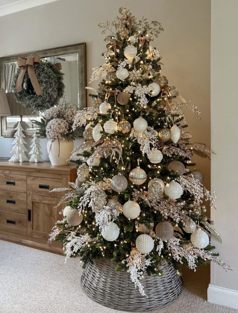 Cozy Christmas tree decorated in brown and neutral tones with warm festive details