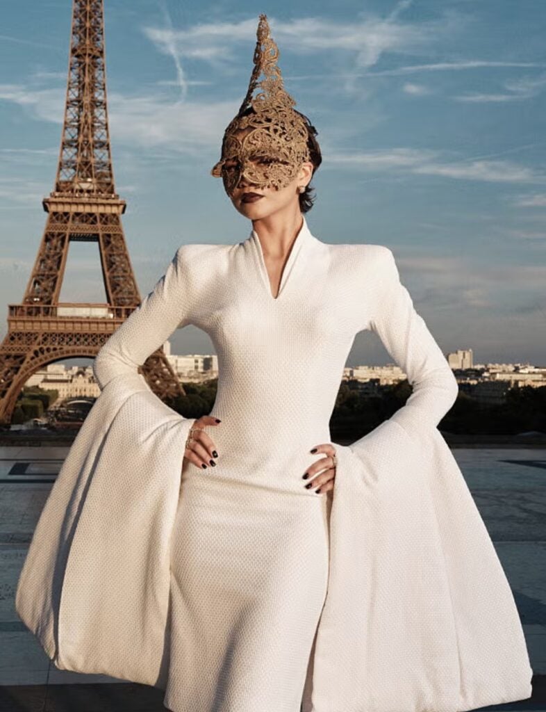 Zendaya wearing an ornate fashion look that would work as a glamorous 2026 Halloween costume.