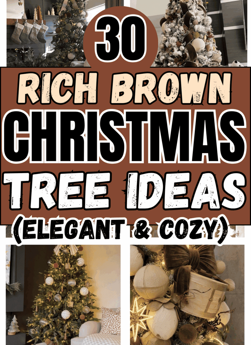 Pinterest collage featuring brown Christmas trees decorated with neutral ornaments, velvet ribbon, warm lights, and cozy holiday details, with text reading “30 Rich Brown Christmas Tree Ideas (Elegant & Cozy),” featured by slowestuff.com.