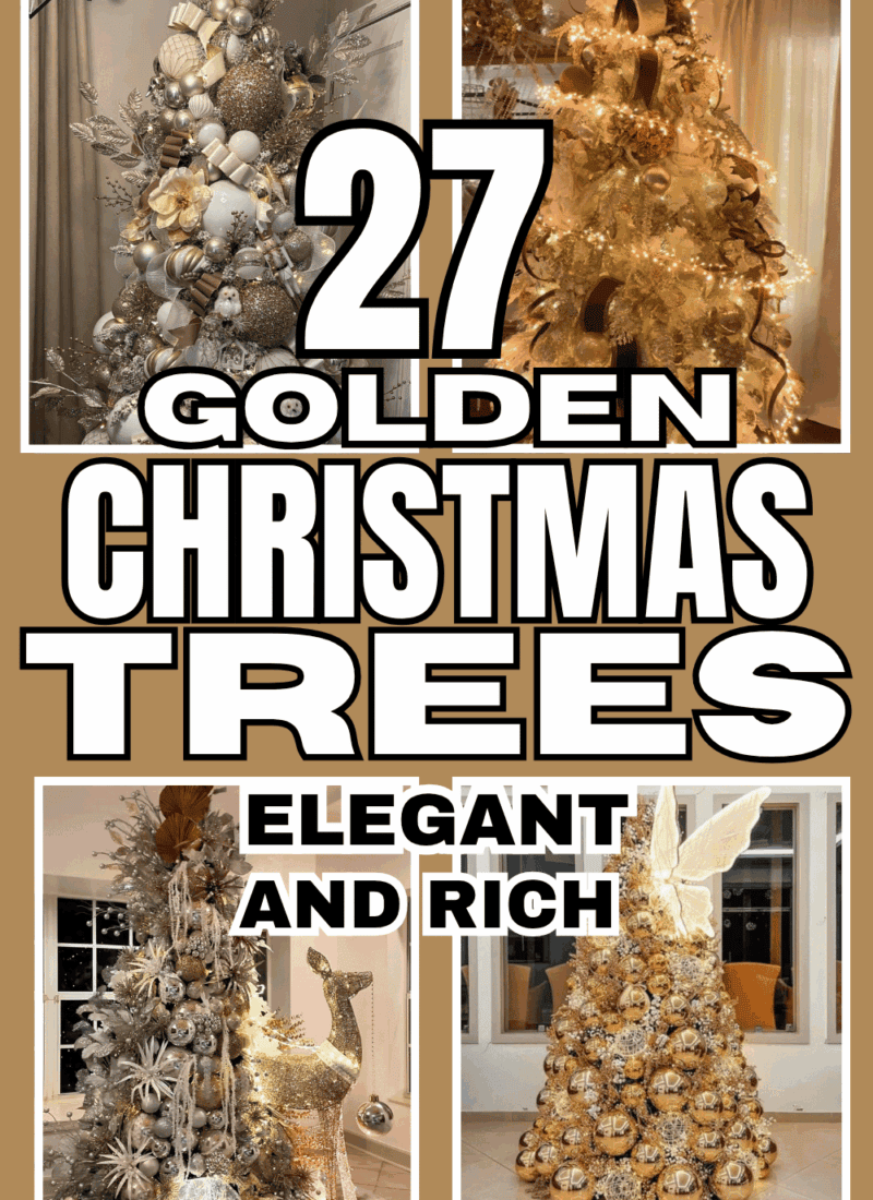 Pinterest graphic featuring 27 golden Christmas tree ideas with elegant gold, champagne, and metallic Christmas trees decorated with ribbon, ornaments, and warm white lights.