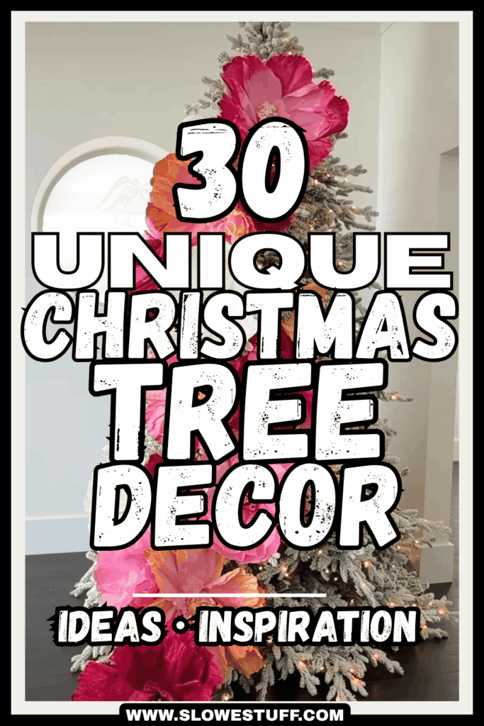 30 unique Christmas tree decor ideas with oversized floral ornaments, flocked branches, and non-traditional Christmas tree inspiration