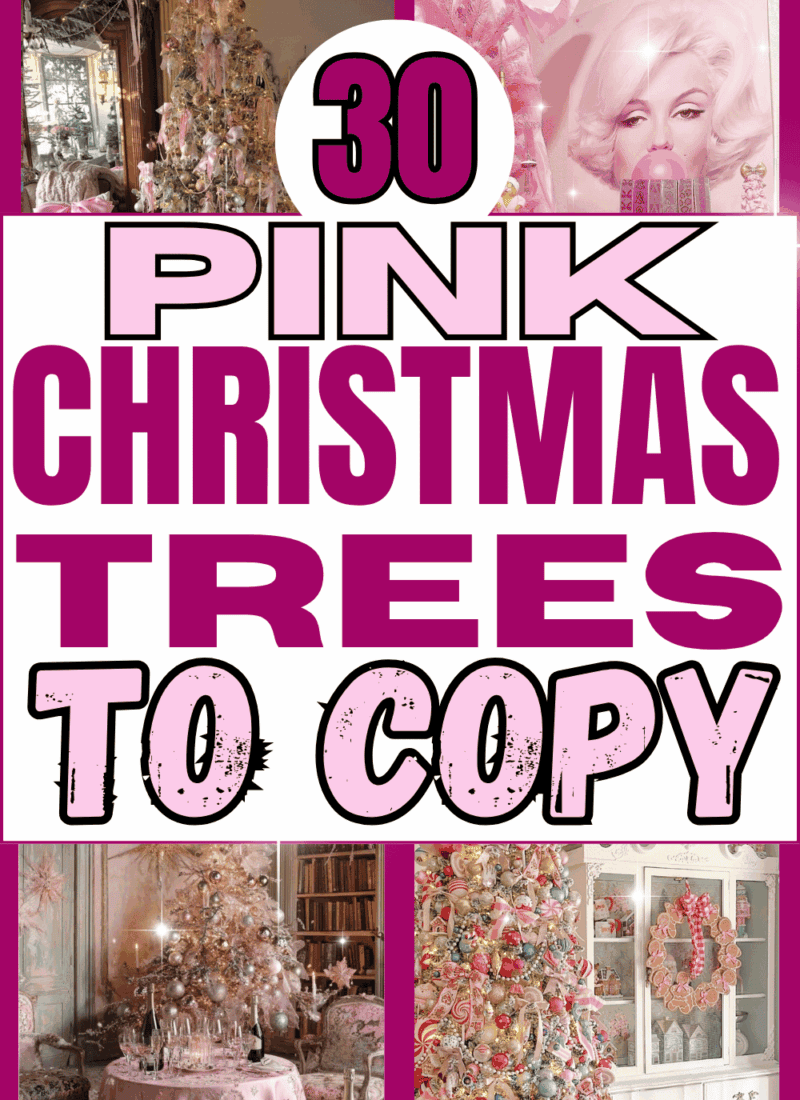 Collage of pink Christmas tree ideas featuring elegant blush and gold trees, a glamorous pink holiday room, a sparkling pink tablescape, and a colorful candy-themed Christmas tree.