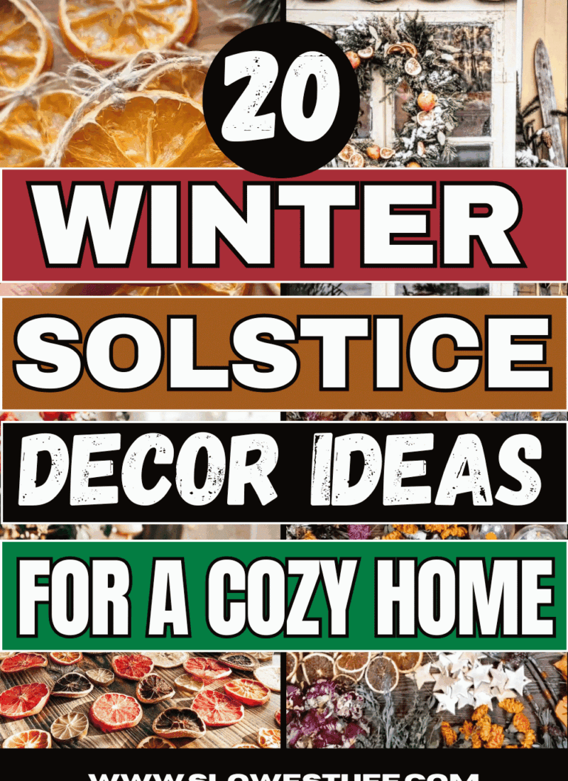 Pinterest graphic reading "20 Winter Solstice Decor Ideas for a Cozy Home" featuring dried oranges, evergreen wreaths, woodland decor, candles, and cozy winter decorating inspiration.