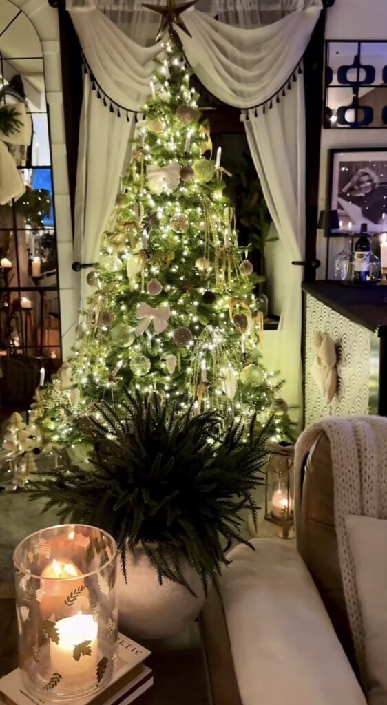 Beautiful Yule tree with evergreen branches, natural ornaments, celestial accents, and warm lighting celebrating the Winter Solstice.