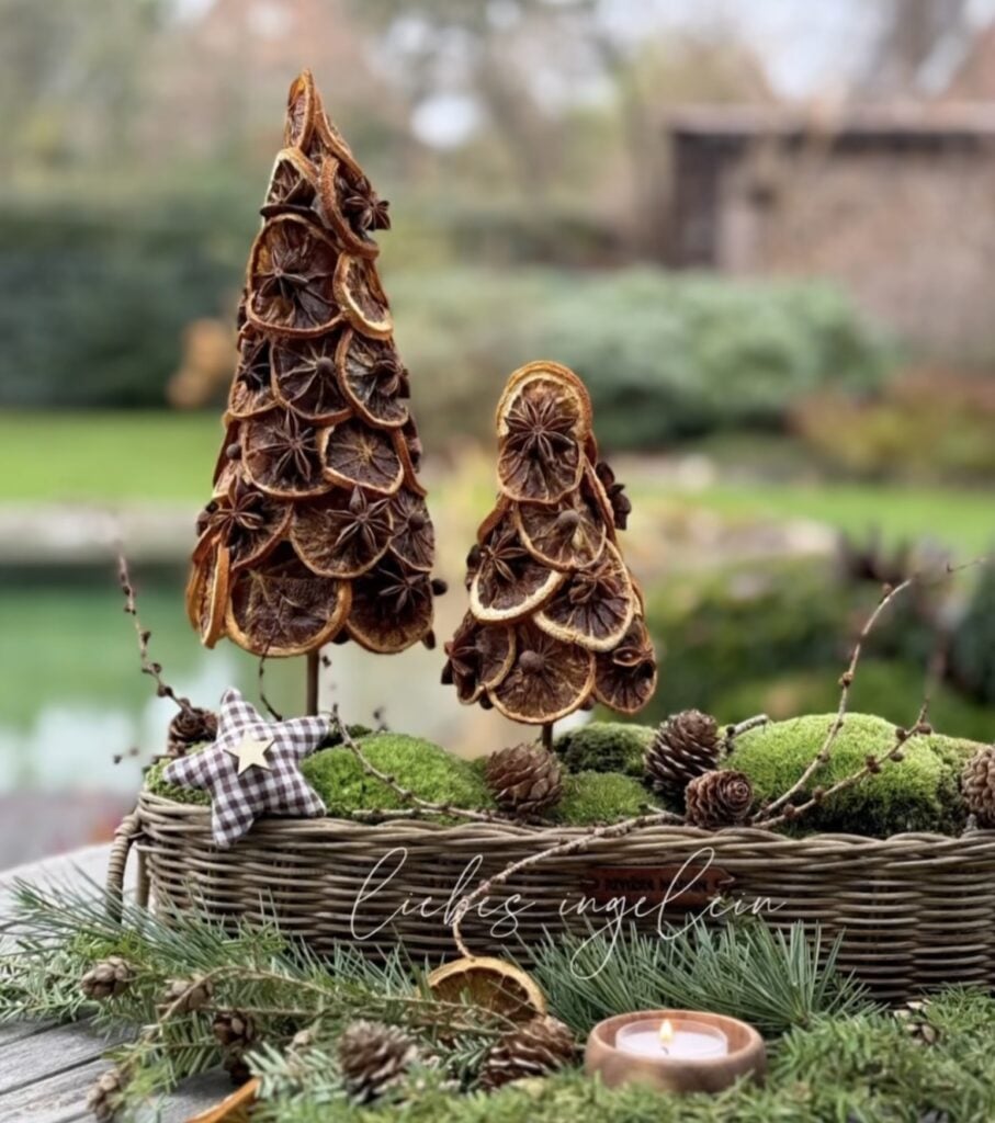 Mini Winter Solstice trees made of dried oranges