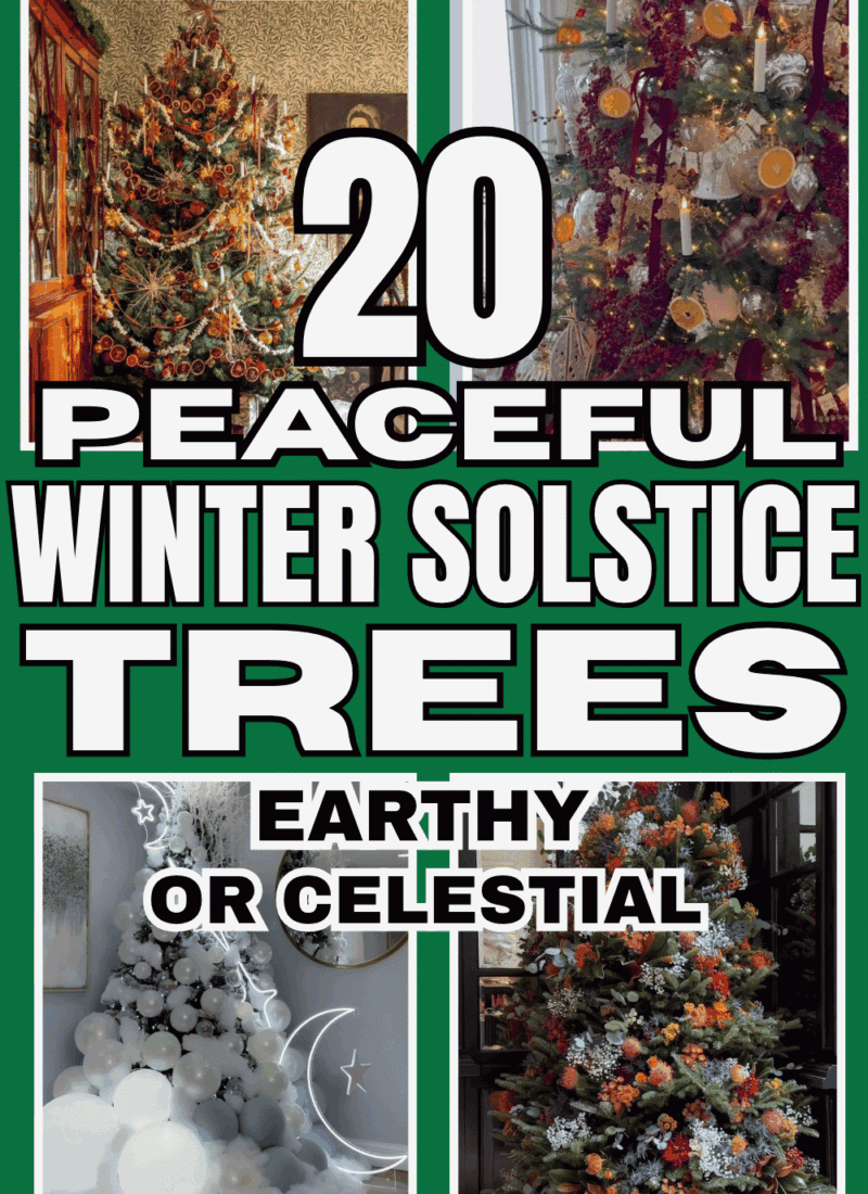 Pinterest pin featuring 20 peaceful Winter Solstice tree ideas with woodland, celestial, and nature-inspired Christmas tree decorations in earthy and snowy color palettes.