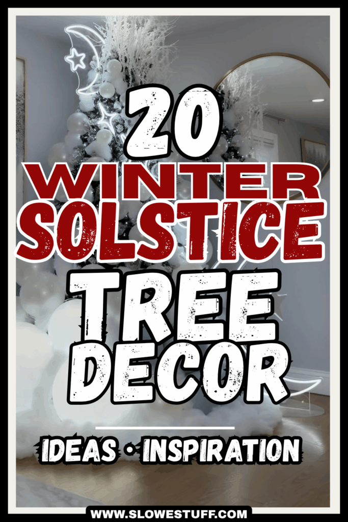 Pinterest pin featuring 20 Winter Solstice tree decor ideas with celestial moon decorations, glowing white ornaments, cozy holiday inspiration, and magical winter decorating themes.