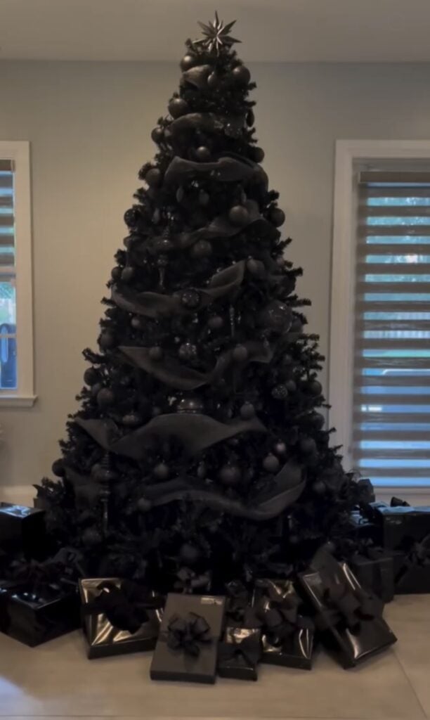 All-black Christmas tree styled with black-on-black ornaments and layered dark decorations for a dramatic monochromatic look.