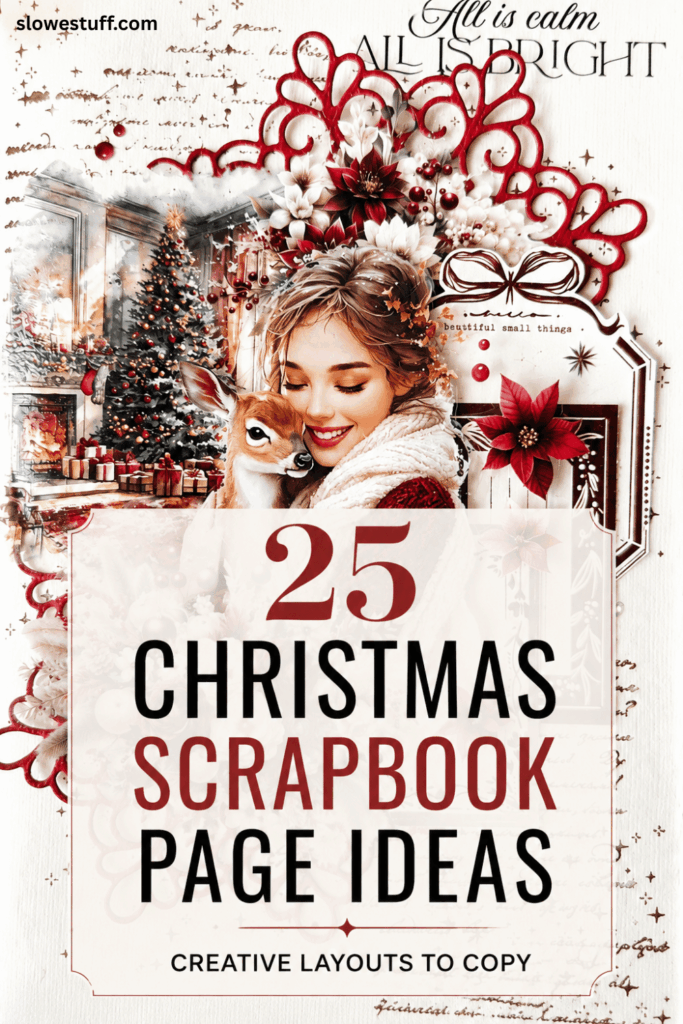 Christmas scrapbook page ideas pin with a festive scrapbook page background and bold overlay text reading 25 Christmas Scrapbook Page Ideas Creative Layouts to Copy