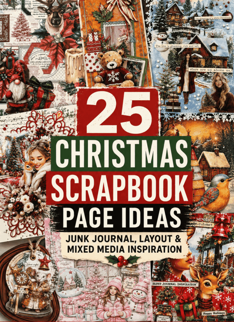 Christmas scrapbook page ideas pin featuring a collage of festive junk journal and mixed media pages with bold red, green, black, and white text