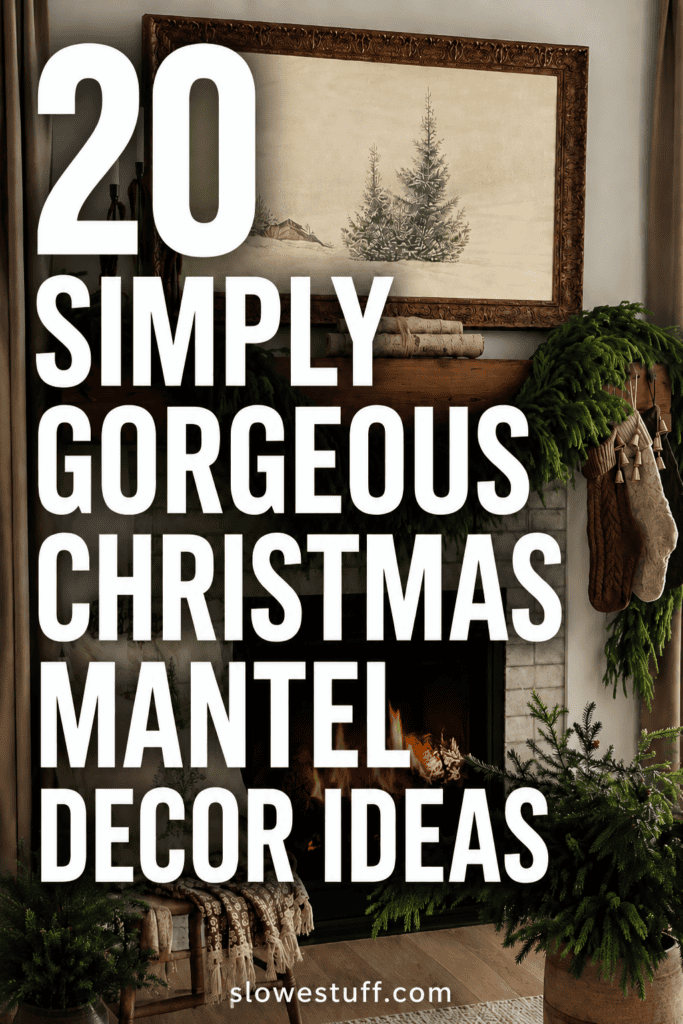 Pinterest pin featuring a simple Christmas fireplace mantel with lush evergreen garland, stockings, and a framed winter tree scene, with text reading “20 Simply Gorgeous Christmas Mantel Decor Ideas,” featured by slowestuff.com.