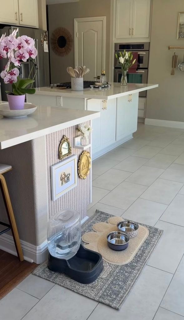 Elegant kitchen pet feeding station with striped wallpaper panel, small dog portrait, gold frames, monogram plaque, mirror, and stainless steel bowls.