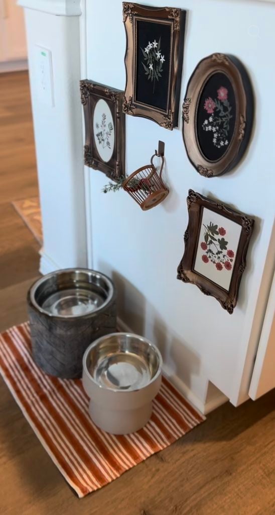 Dog food and water bowls beneath a vintage-style gallery wall of ornate bronze frames filled with floral artwork and a tiny hanging basket.