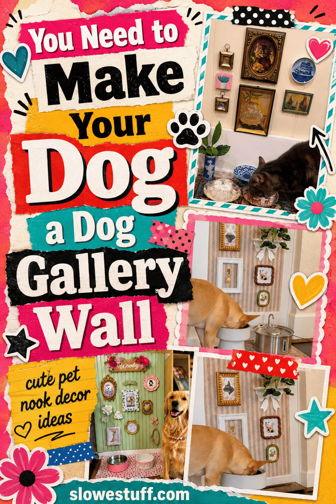 Bright collage-style graphic with text “You Need to Make Your Dog a Dog Gallery Wall,” featuring several pet feeding stations decorated with framed dog and cat gallery walls, colorful accents, and pet decor.