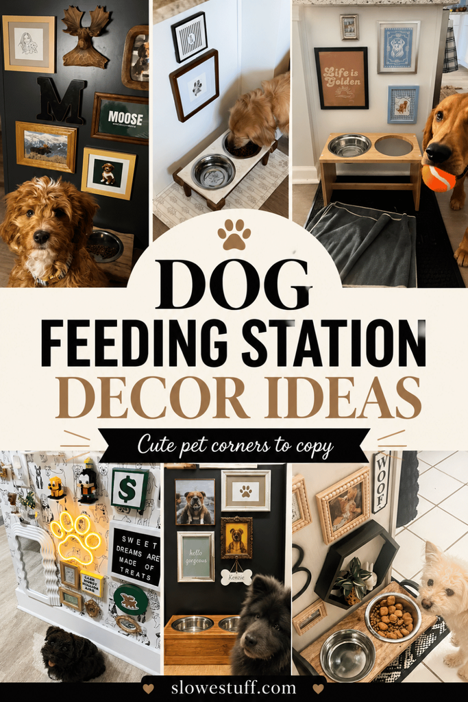 Neutral Pinterest collage with text “Dog Feeding Station Decor Ideas,” featuring multiple dog feeding stations with raised bowls, framed pet artwork, paw prints, personalized decor, and dogs posed beside their feeding areas.