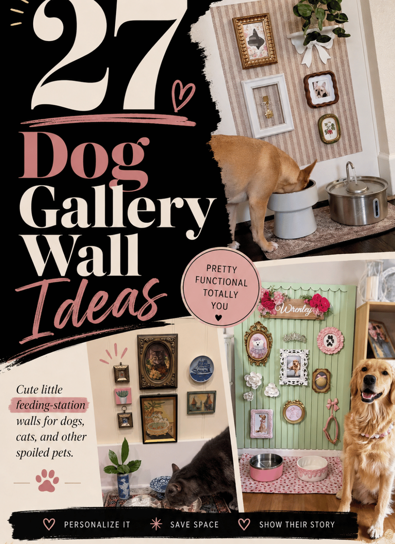 Black, cream, and blush Pinterest graphic with text “27 Dog Gallery Wall Ideas,” featuring dog and cat feeding stations with framed pet portraits, paw print art, decorative walls, and colorful bowls.