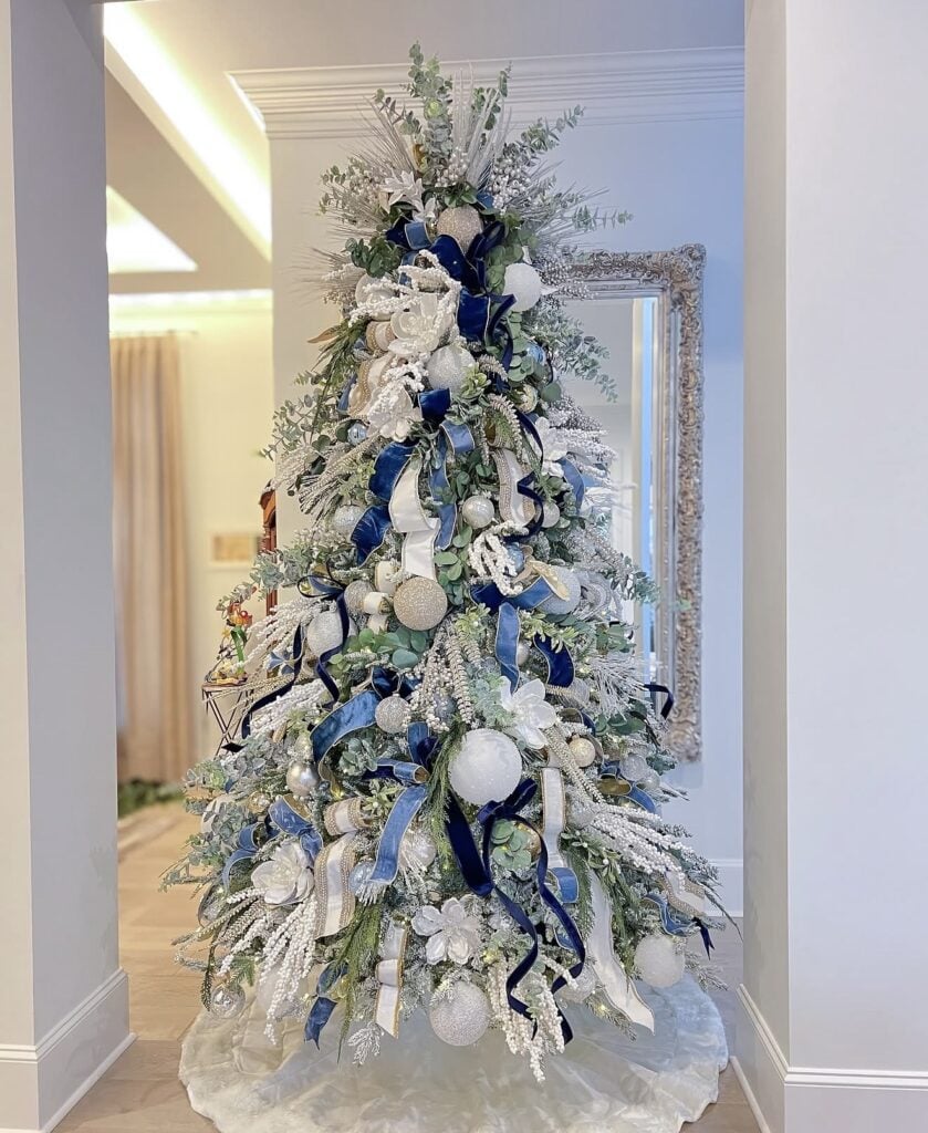 Christmas tree decorated with royal blue, light blue, and white ornaments, coordinating ribbon, and snowy winter accents.