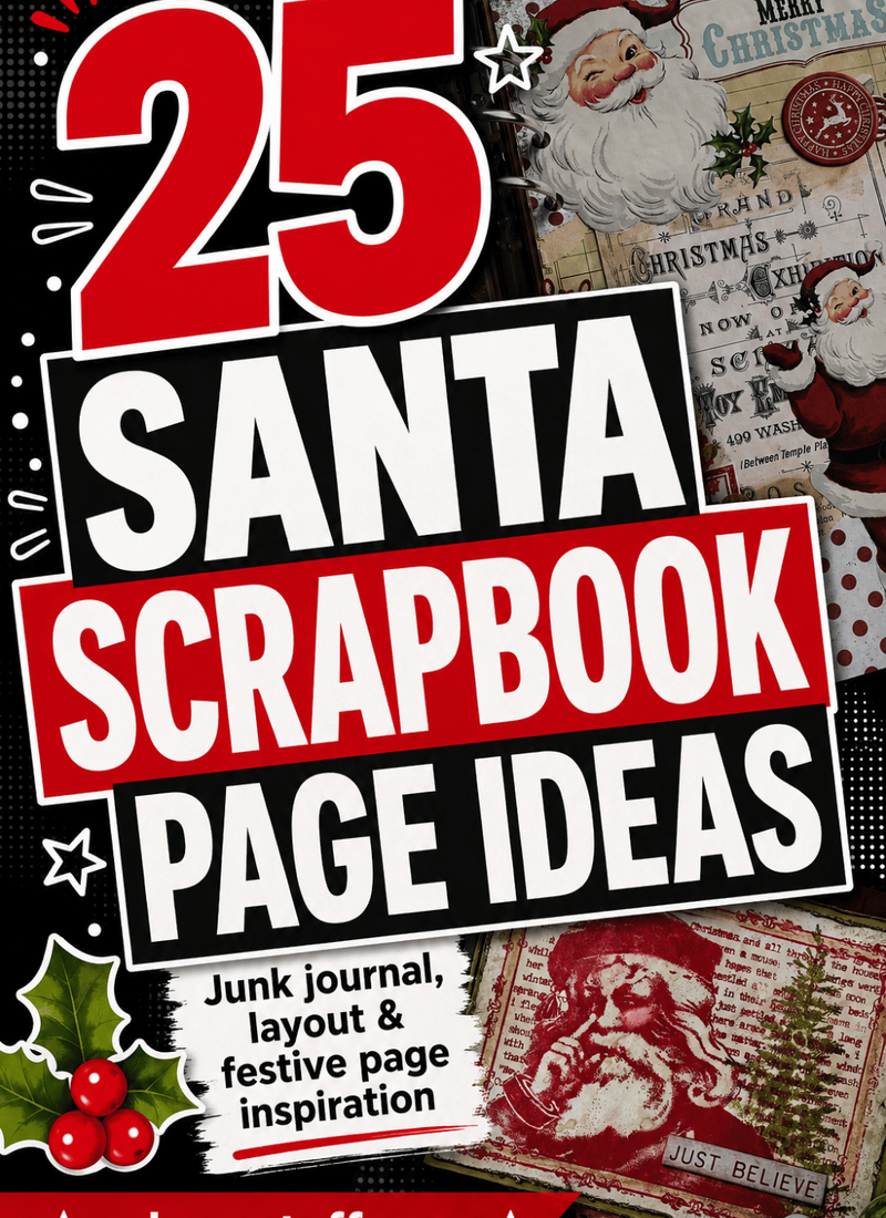 25 Santa scrapbook page ideas in a bold black and red design with vintage Santa journal pages and festive Christmas embellishments