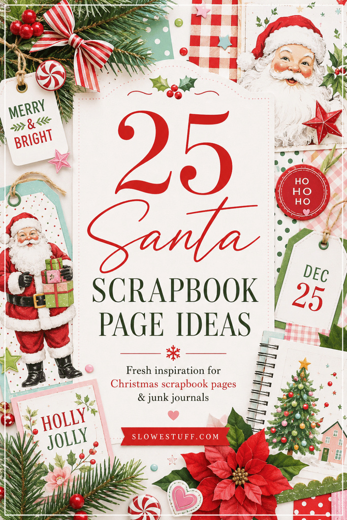 25 Santa scrapbook page ideas with bright Christmas colors, Santa images, tags, holly, candy canes and junk journal inspiration