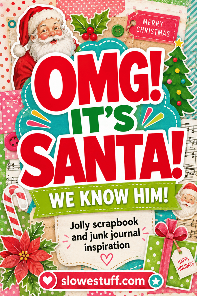 OMG It’s Santa scrapbook and junk journal pin with bright red, green, pink and aqua Christmas paper crafts, tags and Santa illustrations