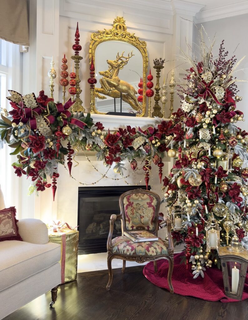 Christmas tree decorated with flowers, greenery, ornaments, and layered botanical accents showing how florals look among evergreen branches.