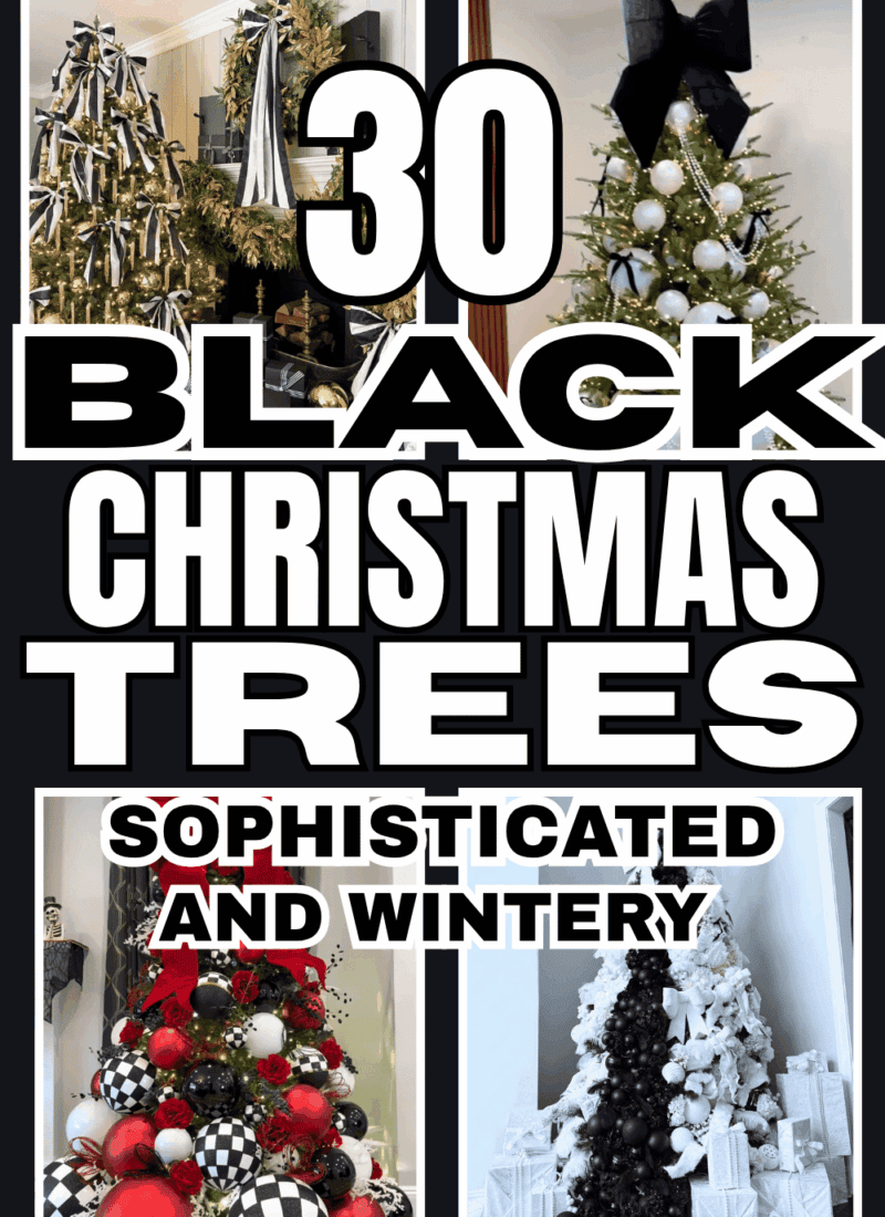 Pin reading “30 Black Christmas Trees, Sophisticated and Wintery” over a collage of black and white Christmas trees, including trees with striped ribbon, oversized black bows, red accents, white ornaments, and dramatic monochrome decorations, featured by slowestuff.com.