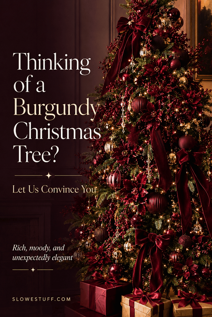 Thinking of a Burgundy Christmas Tree? Let Us Convince You, featuring an elegant burgundy Christmas tree with velvet bows, deep red ornaments, warm lights, and gold accents.