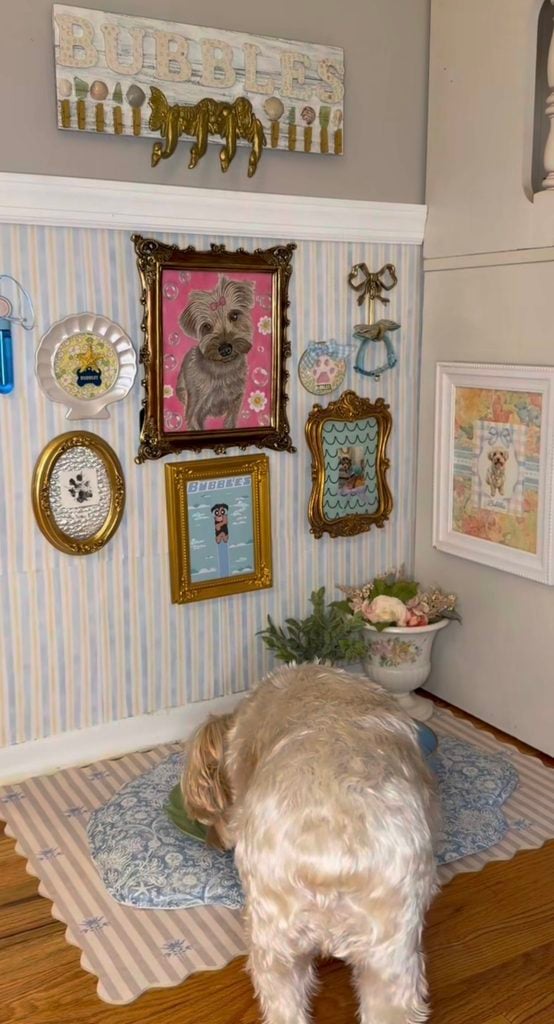 Small dog eating at a whimsical feeding station with striped wallpaper, ornate pet portraits, paw print art, bow, collar, floral decor, and Bubbles sign.