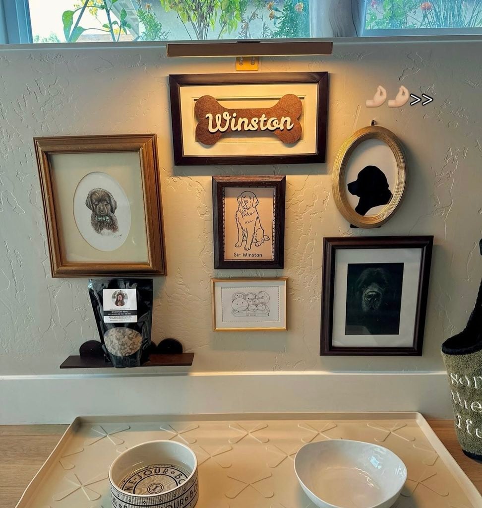 Dog feeding area with illuminated gallery wall featuring a Winston bone-shaped name sign, dog portraits, silhouette, framed illustrations, and white bowls.