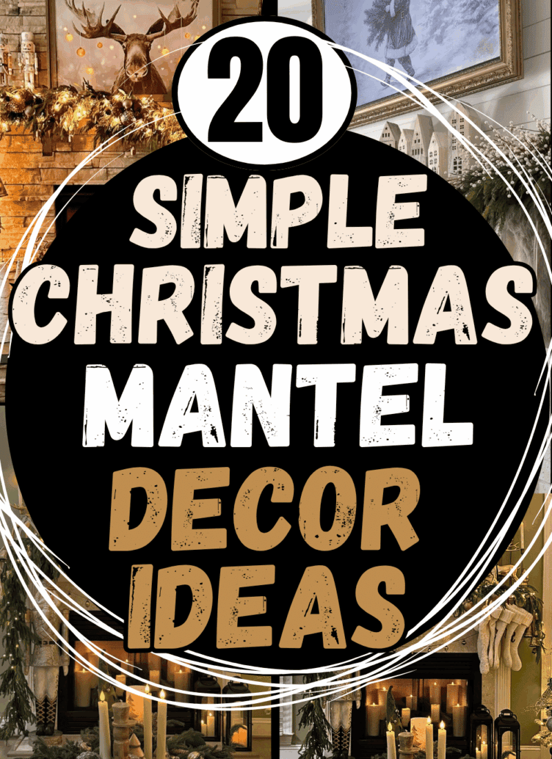 Pinterest pin collage featuring multiple Christmas fireplace mantels with greenery, stockings, candles, and neutral holiday decor, with text reading “20 Simple Christmas Mantel Decor Ideas,” featured by slowestuff.com.