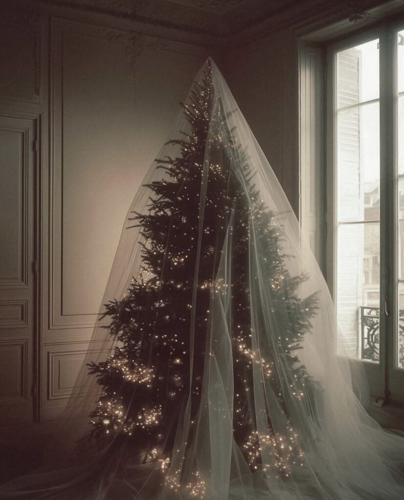 Unusual white-styled Christmas tree featuring sculptural decorations, layered pale textures, dramatic ornaments, and artistic holiday details.