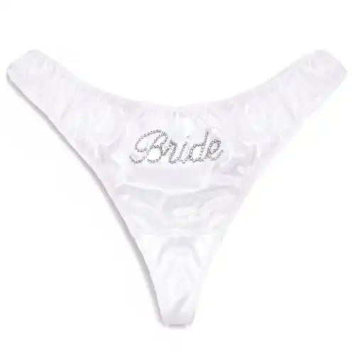 xo, Fetti Bachelorette Party Ivory Satin Rhinestone Bride Thong, Small | Bachelorette Party Decorations Underwear