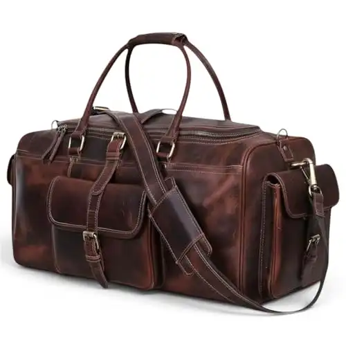 Leather Duffle Bags for Men - 24 Inch Full Grain Leather travel bag, leather overnight bag, Mens Leather Bag, Carry On Leather Weekender Bag, Airplane Leather Luggage Duffel Gym Bag