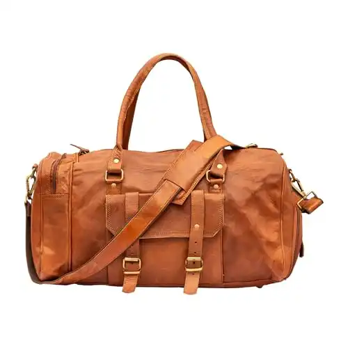 Handmade Genuine Leather Duffle Bag for Men & Women | Vintage Brown Leather Weekender Travel Gym Bag with Shoe Compartment | Carry On Overnight Duffel with Removable Strap