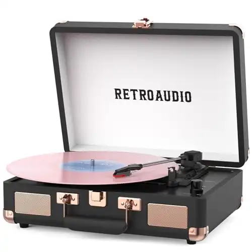 Vinyl Record Player 3 Speed Bluetooth Portable Suitcase Belt-Driven Record Player with 2 Built-in Stereo Speakers Vinyl Vintage Turntable Records Player with RCA Line Out AUX Out (Black&Rose Gold)