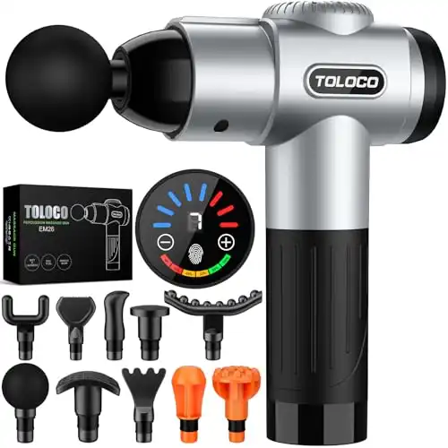 TOLOCO Massage Gun, Muscle Massage Gun Deep Tissue for Athletes with 10 Massage Heads, Electric Percussion Massager for Any Pain Relief, Fathers Day Dad Gifts, Silver