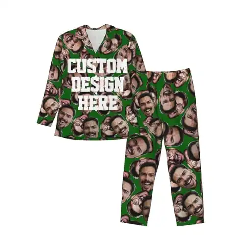 Custom Face Pajama Set for Men Picture Print Personalized Long Sleeve Sleepwear Button Down Nightwear Gift for Husband DarkGreen L Sleepwear