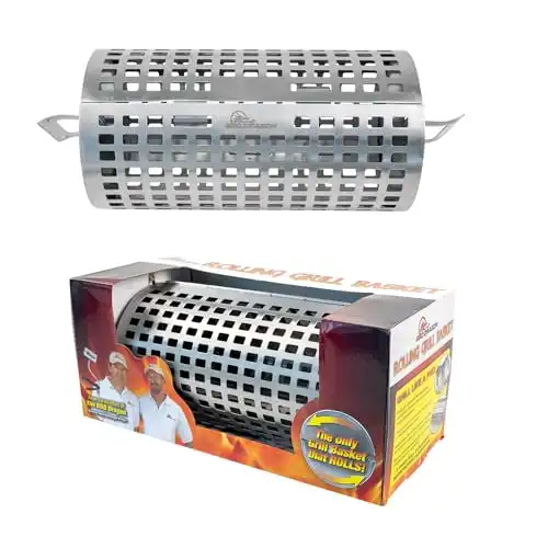 BBQ Dragon Rolling Grill Basket Large Stainless Steel with Snap-Close Lid, Dishwasher Safe for Vegetables, Fish, and Meat