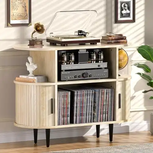 UODERS Large Record Player Stand with Storage and Shelves, Natural