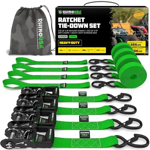 Rhino USA Heavy Duty Ratchet Tie Downs (4-Pack) - 1.6in x 8ft, 5,000lb