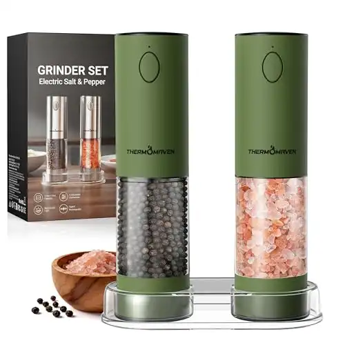 ThermoMaven Electric Salt and Pepper Grinder Set, 110ml Larger Rechargeable Automatic Salt and Pepper Mill Grinder with 6 Adjustable Coarseness, Electric Salt and Pepper Shakers, LED, Matcha