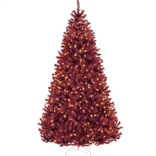 Best Choice Products 9ft Pre-Lit Burgundy Christmas Tree, Full Artificial Holiday Decoration w/ 2,000 Branch Tips, 900 Lights, Foldable Base