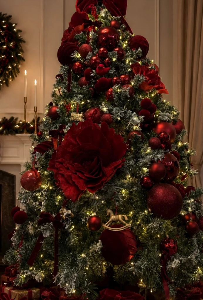 Rich burgundy Christmas tree decorated with oversized deep red flowers, wine ornaments, velvet accents and warm glowing lights.