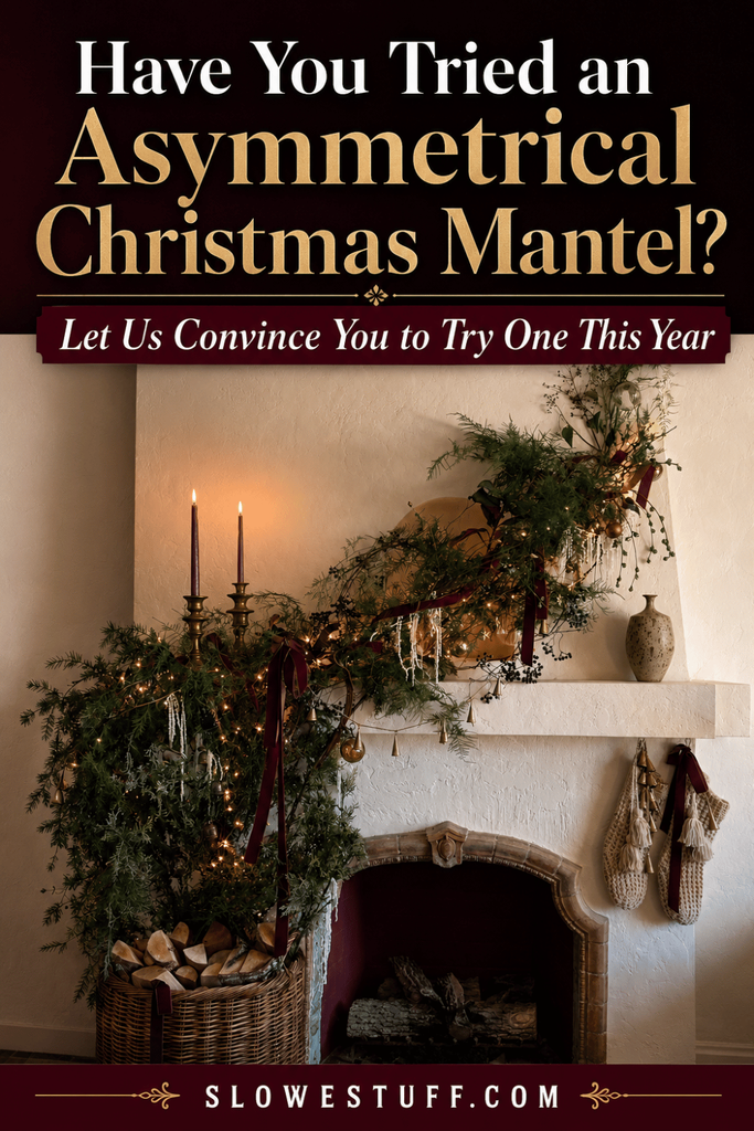 Have You Tried an Asymmetrical Christmas Mantel? Let Us Convince You to Try One This Year. Pinterest graphic featuring an asymmetrical Christmas fireplace mantel with cascading greenery, burgundy velvet ribbon, candles, hanging ornaments, knit stockings, and a basket of firewood.