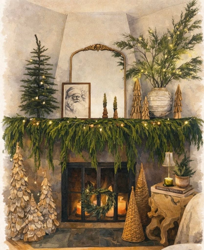 Christmas fireplace mantel styled with greenery, candles, and a small Christmas tree for a layered holiday look.